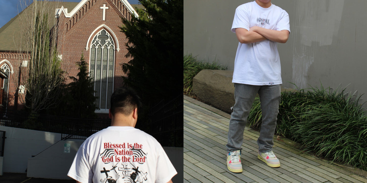 original sin usa genesis capsule blessed nation white tee outfit promo featuring an nguyen air jordan 4 union guava ice