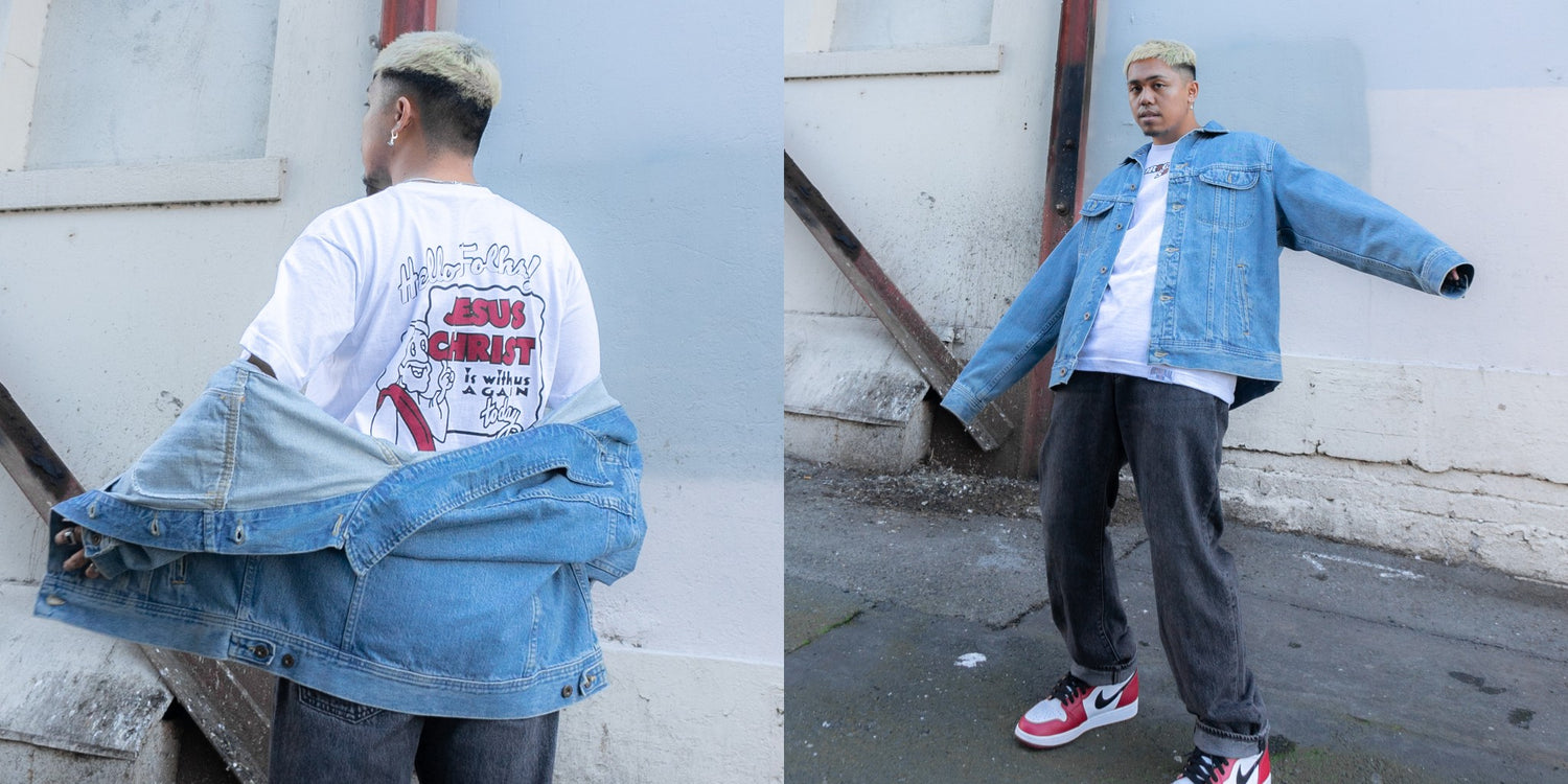 original sin usa genesis capsule with us again white tee promo outfit featuring josh ocampo air jordan 1 and denim jacket