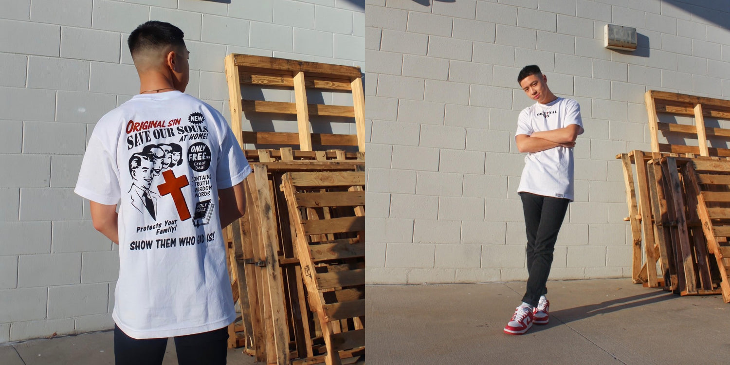 original sin usa genesis capsule save our souls white tee promo outfit featuring will nguyen nike dunk